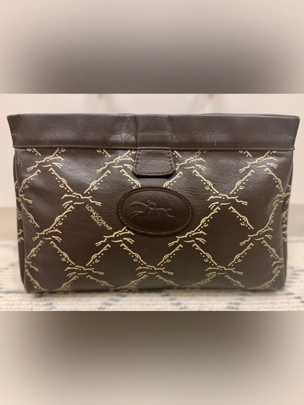 LONGCHAMP Vintage 80’s Unisex Brown Leather Monogram Pouch Clutch Made N France